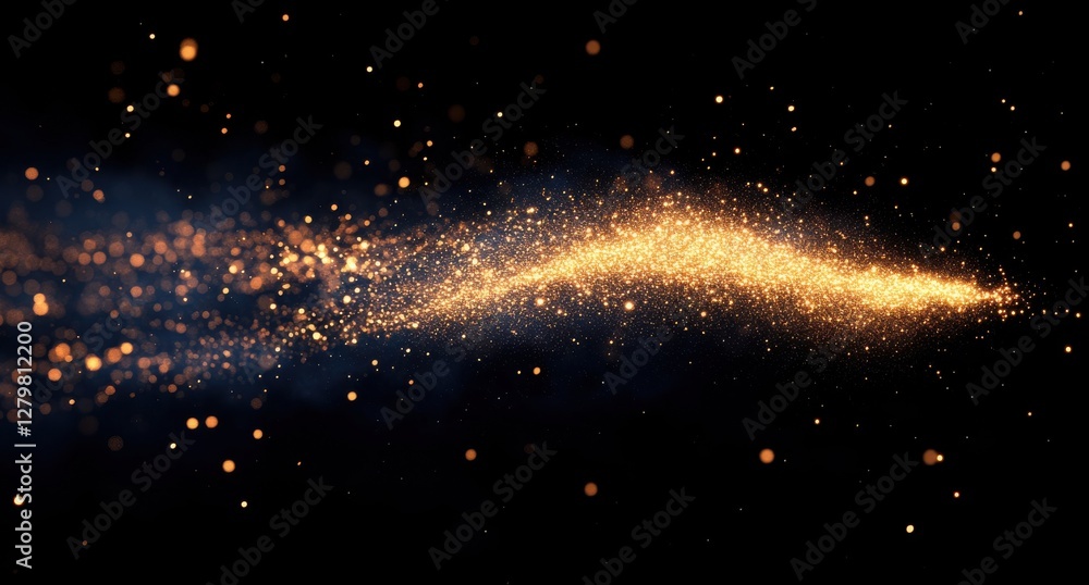 Poster glowing golden sparkle trail against dark background, magical glittering particles creating dynamic 