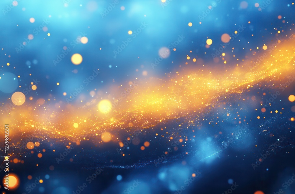 Poster glowing particles and lights against a deep blue background illustrating cosmic and magical atmosphe