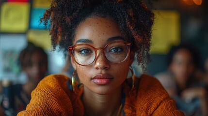 A beautiful woman wearing glasses is looking directly at you
