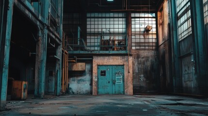 Obraz premium Abandoned Industrial Warehouse with Blue Door and Urban Decay