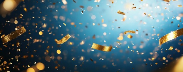 Golden confetti and glittering decorations fall gracefully against a soft blue background, creating a celebratory atmosphere for joyous occasions and events.