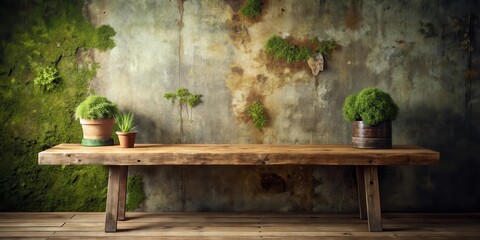 Rustic wooden bench with potted plants against a mossy wall, ideal for display or product placement