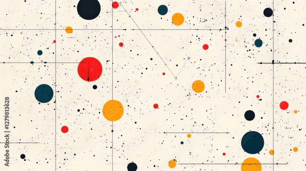 Poster abstract colorful dots on a textured background with lines and speckles, ideal for modern design