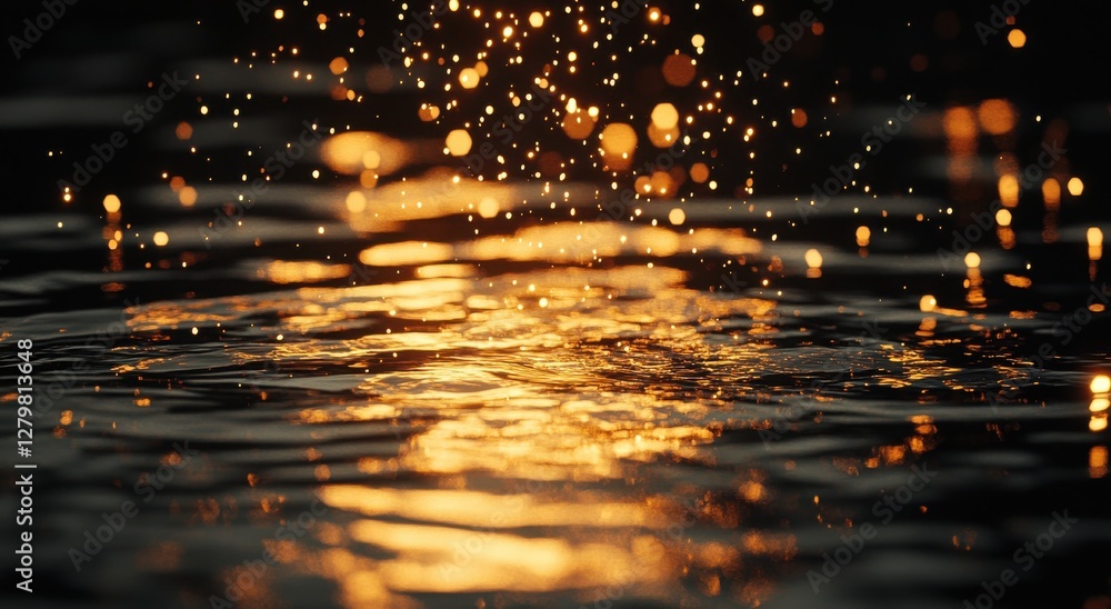Aufkleber golden water droplets splashing in serene dark water surface, creating shimmering reflections and da