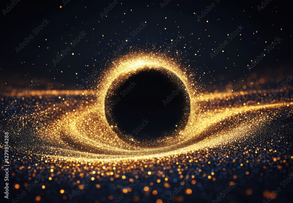 Poster mysterious cosmic sphere surrounded by golden particles in a dark space with glittering effects and 