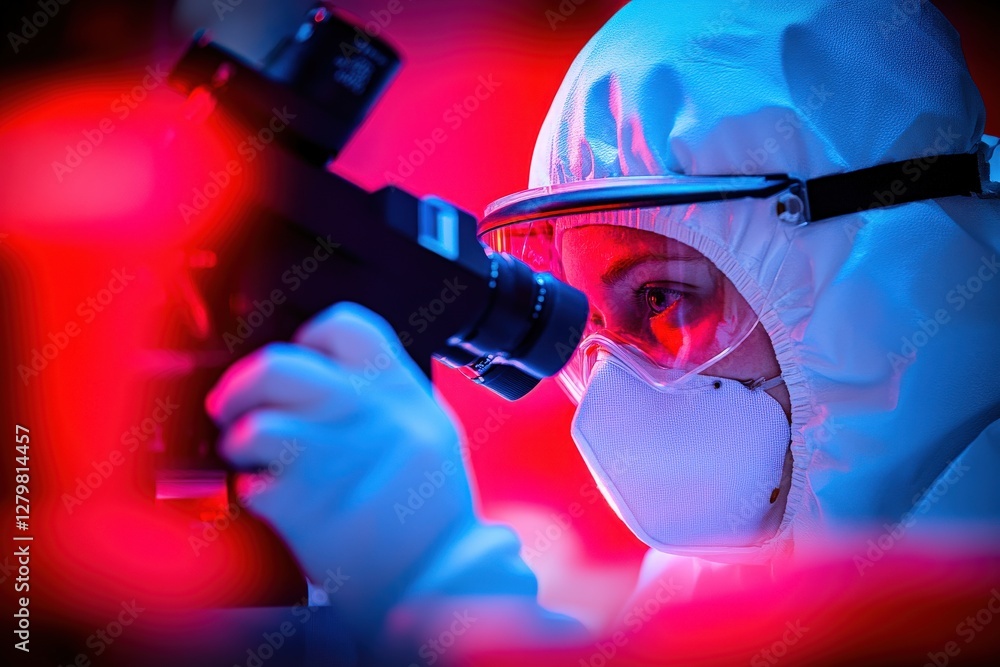 Poster close-up of a scientist in protective gear meticulously using a microscope in a vibrant red and blue