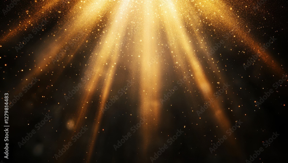 Poster radiant gold light rays shining through dark background with sparkling glitter particles creating a 