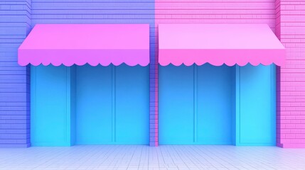 Colorful storefronts with vibrant pink and blue awnings, set against a pastel backdrop