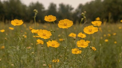 Obraz premium Yellow cosmos field, summer day, blurred trees background