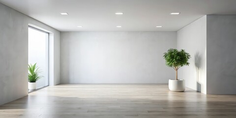 Fototapeta premium Empty room interior design with hardwood floor, potted plants, and recessed lighting in a minimalist style