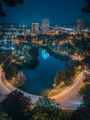 Night city skyline lake parkway reflection