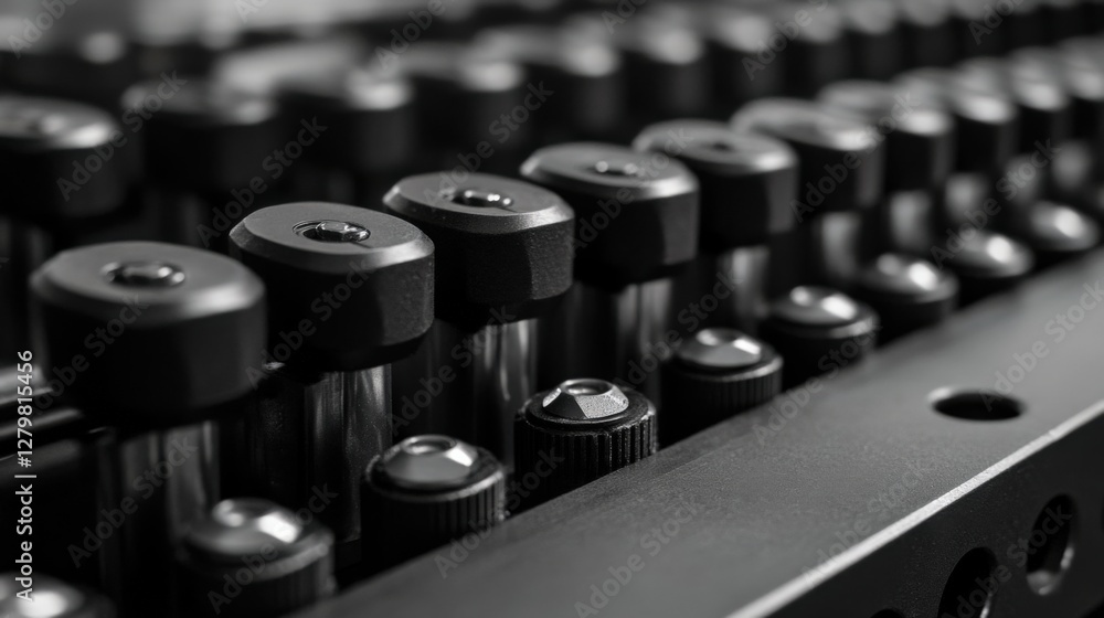 Poster close-up of a row of black bolts and nuts on a metallic surface in an industrial setting