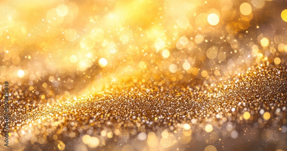 Poster shimmering golden glitter background with soft bokeh lights for festive and luxurious design concept