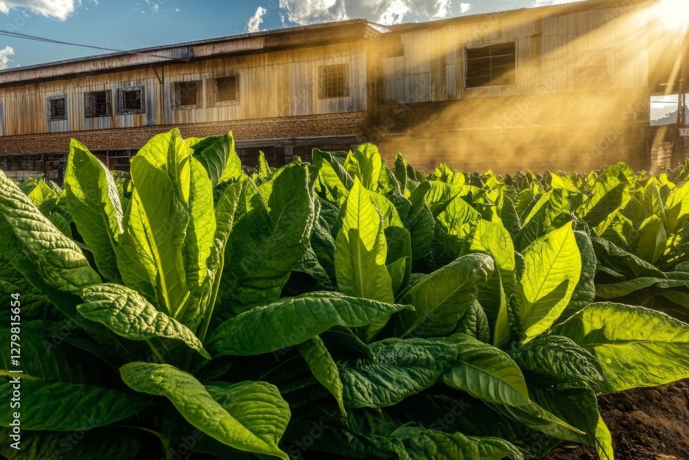 Poster bright green tobacco plants stretch towards the sun while warm rays filter through a barn, creating 