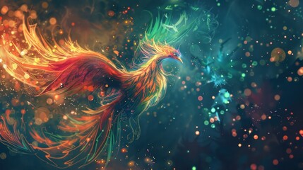 Mythical Phoenix in Flight, Cosmic Background, Rebirth, Digital Art