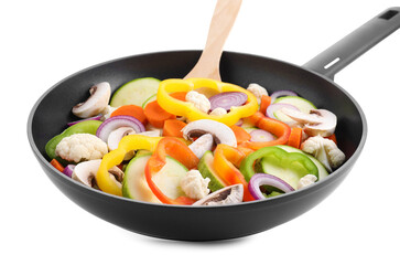 Frying pan with mix of vegetables and mushrooms in air isolated on white