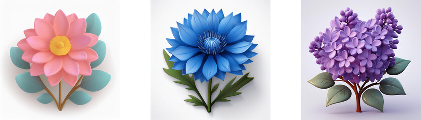 Three colorful flower illustrations on white background, showcasing a pink daisy, blue chrysanthemum, and purple lilac with green leaves.