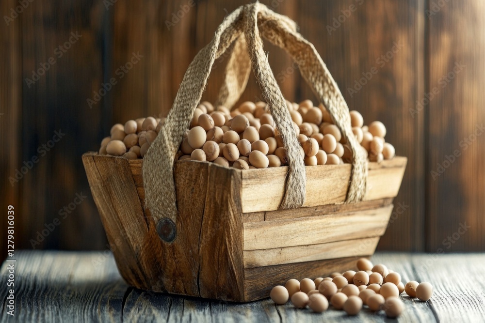 Poster a wooden basket overflowing with smooth, round objects rests on a rustic wooden table, illuminated b