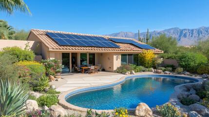 Fototapeta premium Modern Solar Panels Installed On A Arizona Home with beautiful pool Under Clear Blue Sunny Sky, Solar Photography, Solar Powered Clean Energy, Sustainable Resources, Electricity Source, renewable