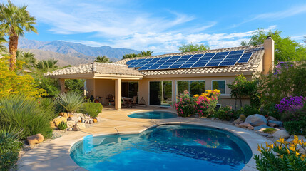 Modern Solar Panels Installed On A Arizona Home with beautiful pool Under Clear Blue Sunny Sky, Solar Photography, Solar Powered Clean Energy, Sustainable Resources, Electricity Source, renewable