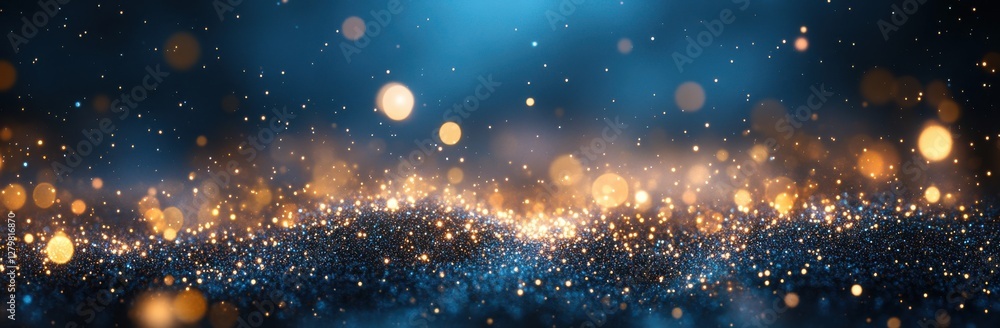 Poster sparkling blue and golden particles create a magical atmosphere with bokeh effect for festive backgr