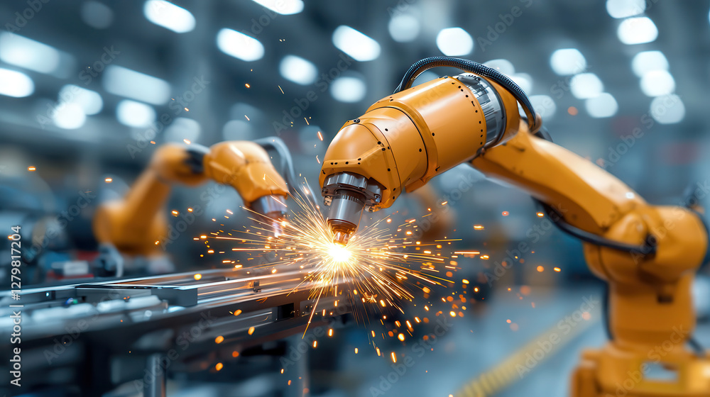 Leinwandbilder Robotic arms on advanced automotive assembly line are welding metal parts with precision and efficiency, creating sparks in modern industrial setting
