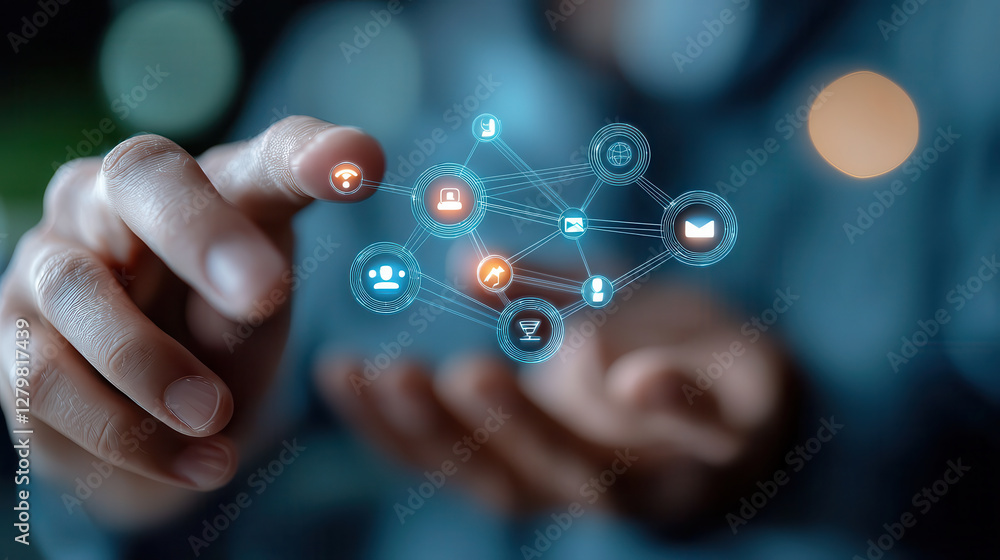 Leinwandbilder person interacts with digital interface displaying glowing blue network icons, symbolizing AI driven social connections and technology integration