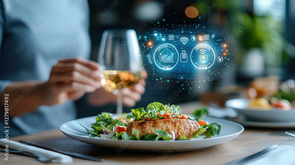 Poster person enjoys meal in futuristic dining room with floating holographic icons displaying data. scene 