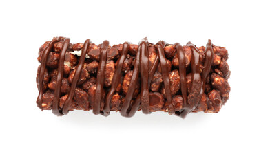 Delicious chocolate puffed rice bar isolated on white, top view