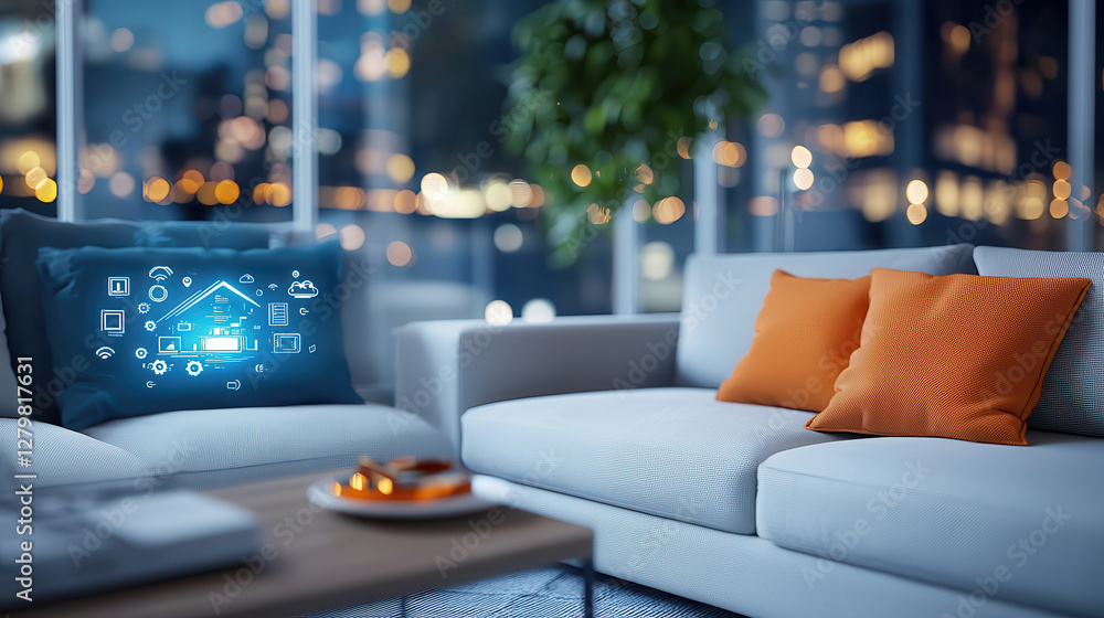 Aufkleber modern living room features smart sofa with floating holographic icons, showcasing ai integrated hom