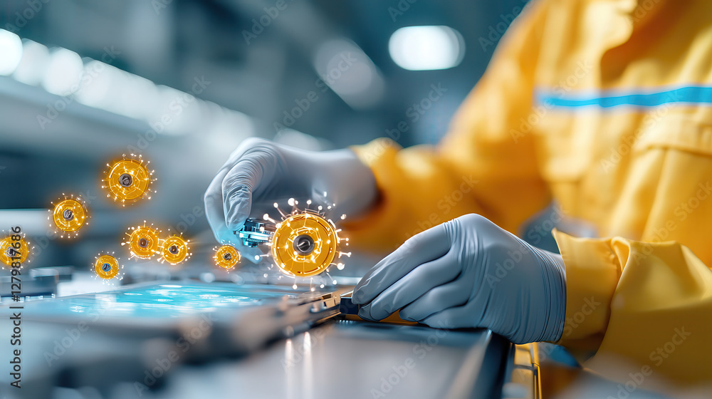 Leinwandbilder technician in yellow suit and gloves works on device with floating holographic gears, showcasing adv
