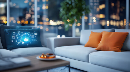 modern living room features smart sofa with floating holographic icons, showcasing AI integrated home system. room is elegantly designed with cityscape view, creating futuristic ambiance