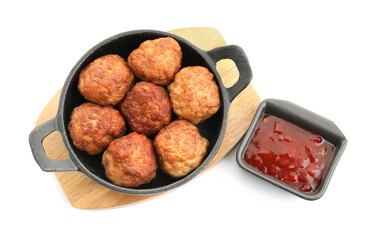 Tasty meatballs in baking dish and tomato sauce isolated on white, top view