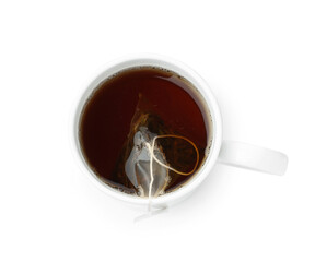 Tea bag in cup with hot drink isolated on white, top view