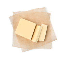 Cut block of fresh butter isolated on white, top view