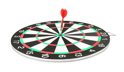 Dart board with red arrow hitting target isolated on white