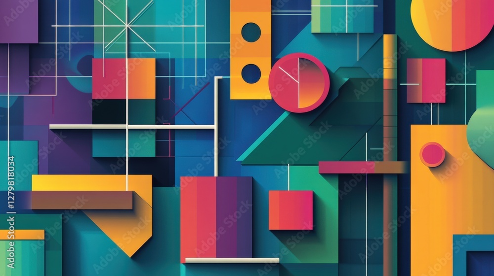 Poster colorful geometric abstract design featuring various shapes and patterns in vibrant hues