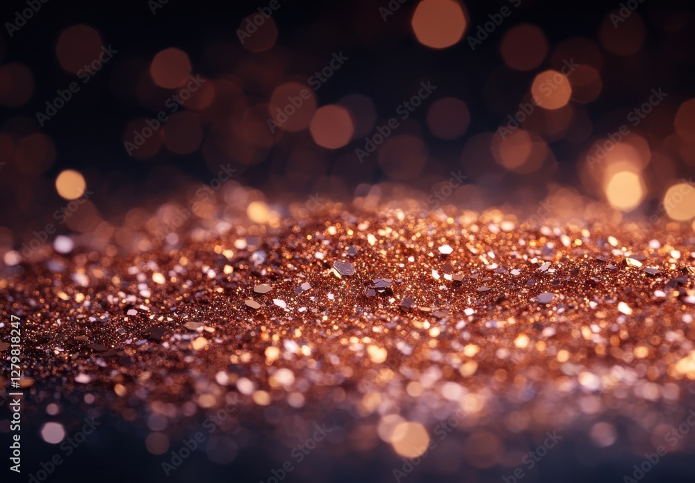 Poster sparkling golden and copper glitter on a dark background creating a mesmerizing and festive atmosphe