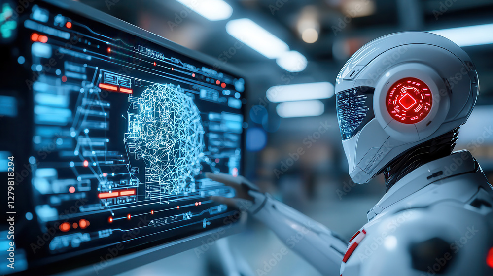 Poster humanoid robot interacts with digital interface displaying complex network, showcasing advanced AI technology in futuristic setting