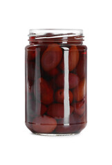 Pickled olives in glass jar isolated on white