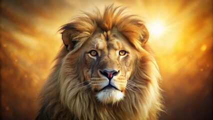 Fototapeta premium Majestic Lion Portrait Against a Golden Sunset Backdrop, a Symbol of Strength and Power in the Wild