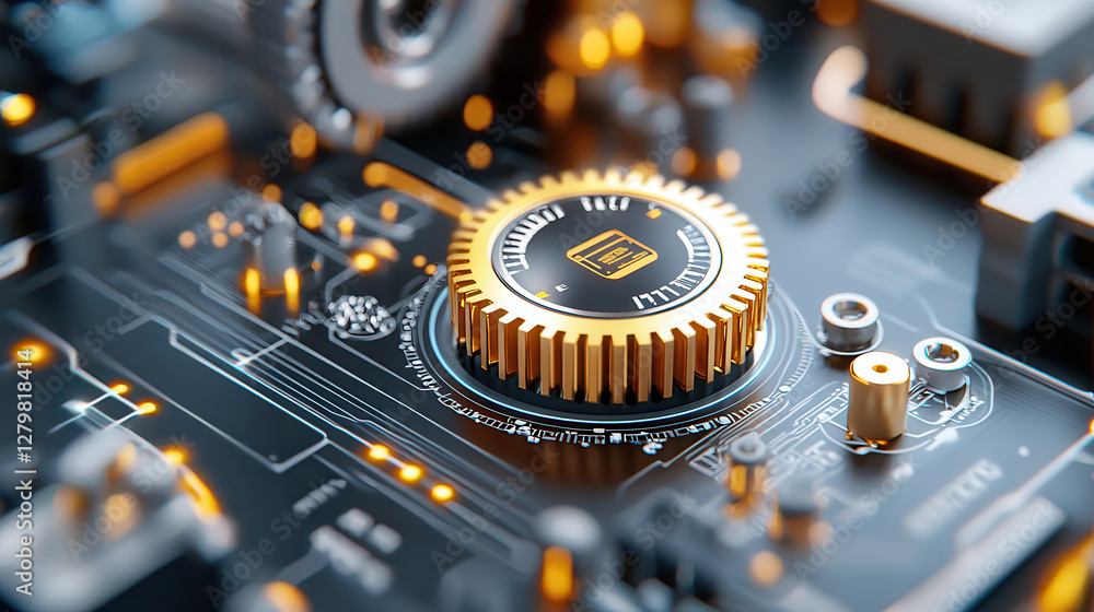 Poster close up of futuristic circuit board with glowing elements and intricate details, showcasing advanced technology and innovation. image highlights central golden component surrounded by complex