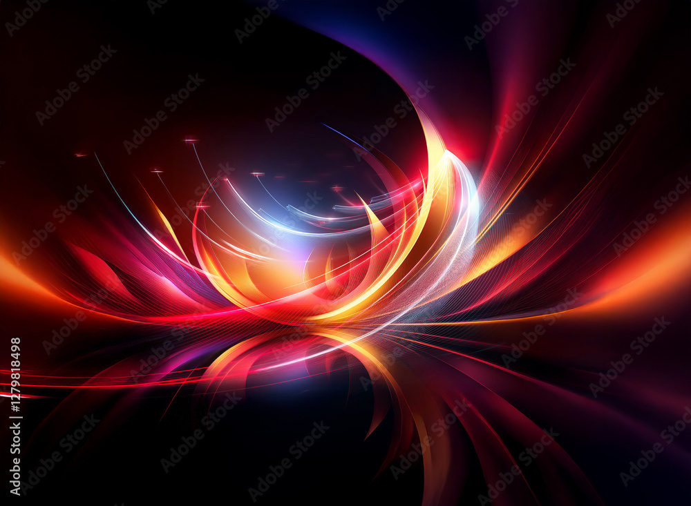 Poster abstract double exposure artwork featuring vibrant, luminous curves and dynamic light trails against