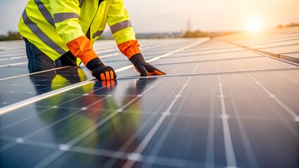 Solar technician adjusting photovoltaic panels on industrial roof at sunrise, representing renewable energy, clean technology and eco-friendly power solutions.