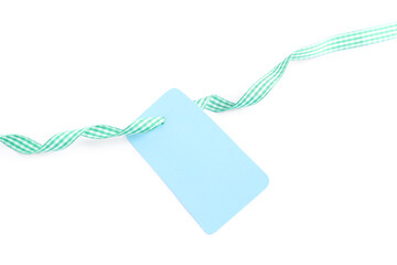 Blank tag with ribbon isolated on white