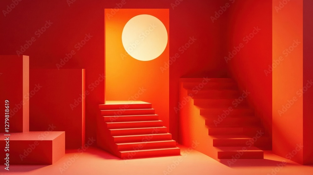 Poster abstract red geometric space with stairs and circular light source creating a vibrant atmosphere