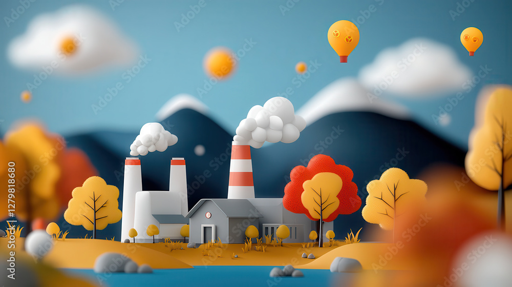 Poster whimsical landscape features factory with smoke stacks, surrounded by colorful autumn trees and hot 