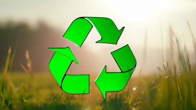 Recycle arrows symbol on green grass background, sustainable practices like recycling and environmental conservation.