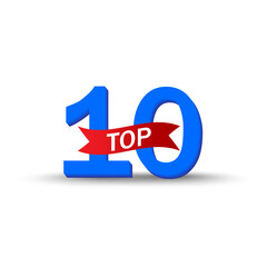 Top ten number. Red ribbon label. Ranking position symbol. Bold vector text.