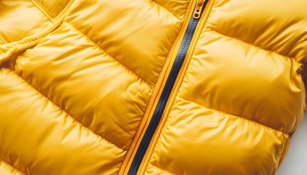 Close up of a bright yellow puffer jacket with zipper